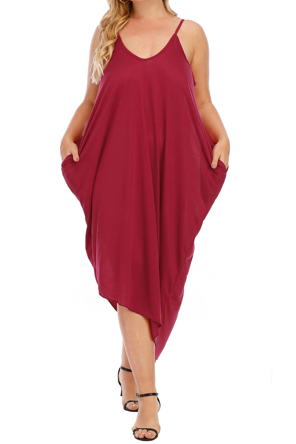 Women Plus Summer Strap Neck Solid Pattern Thin Irregular Style Loose Dress