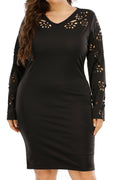 Women Plus Hollow Styled Slim Fit V-Neck Fabulous Long Sleeve Dress