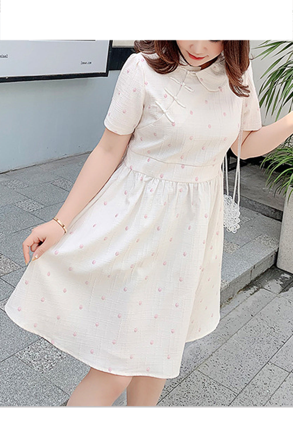Women Plus Thin Solid Pattern Short Sleeve Collar Neck Dress
