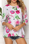 Women Floral Printed Quarter Sleeve Relax Fit Summer Top