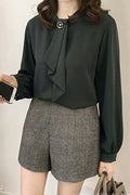 Women Solid Color Tie Neck Full Sleeve Loose Shirt