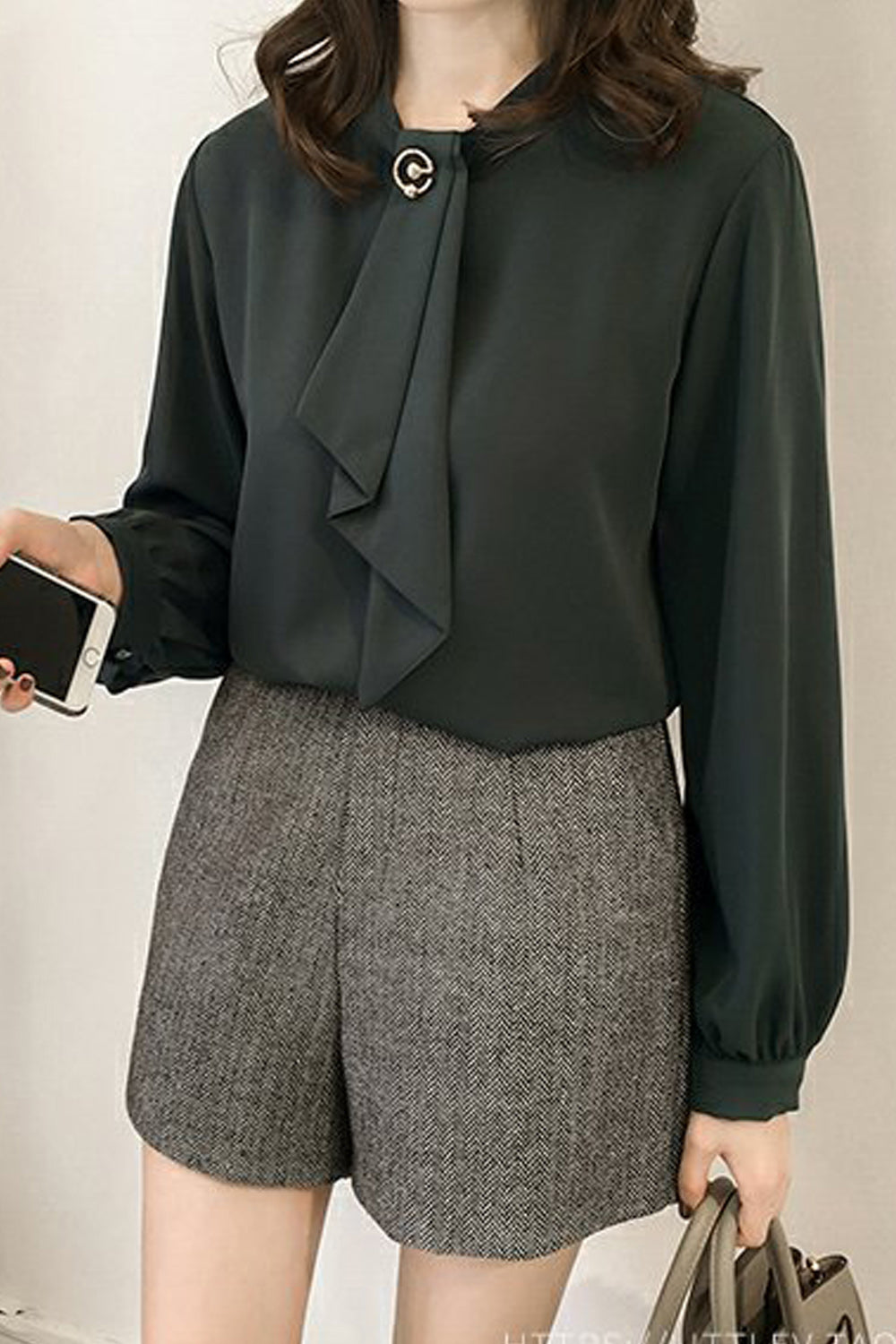 Women Solid Color Tie Neck Full Sleeve Loose Shirt