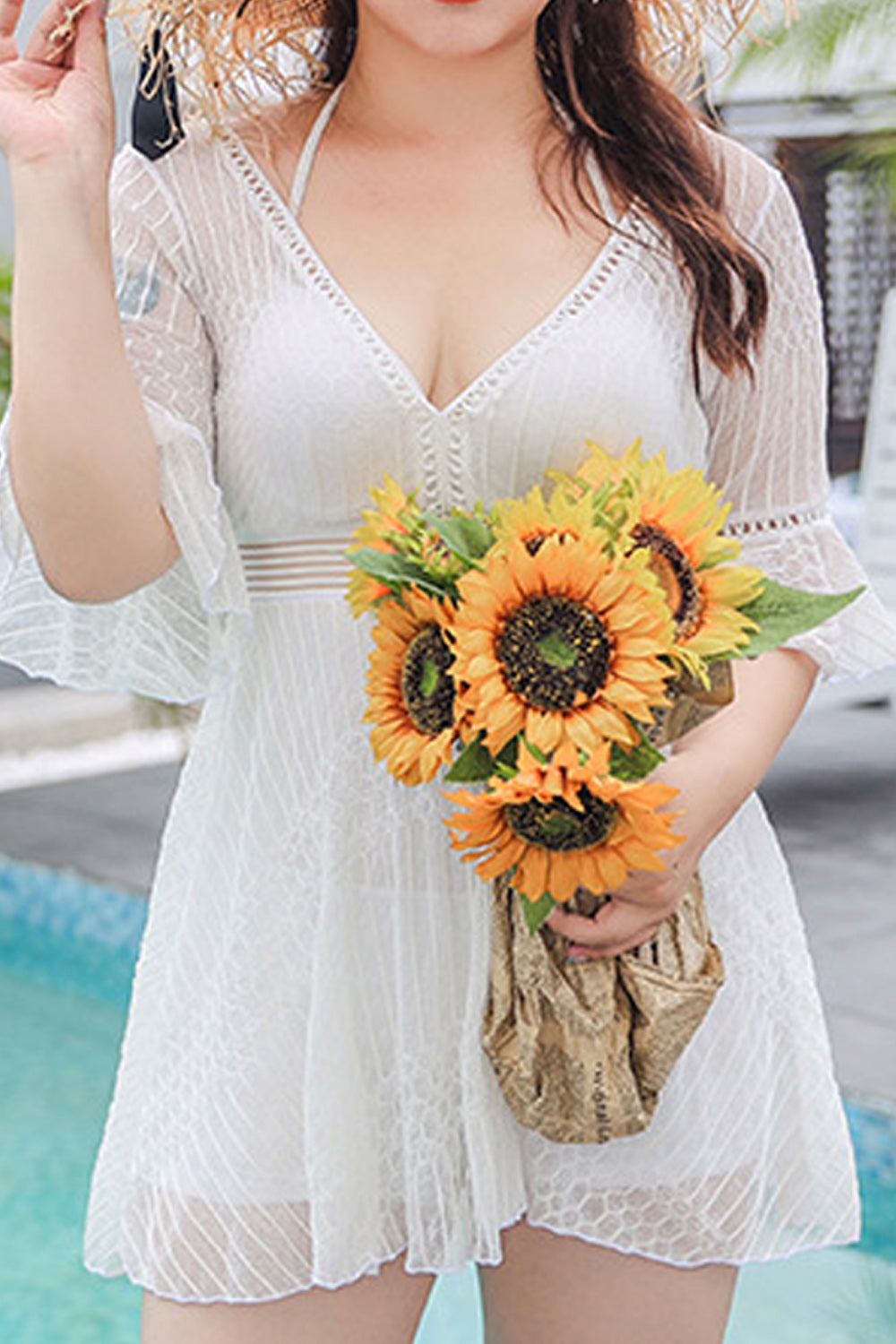 Women Trendy V-Neck Solid Colored Half Sleeve Thin Cool Swimwear