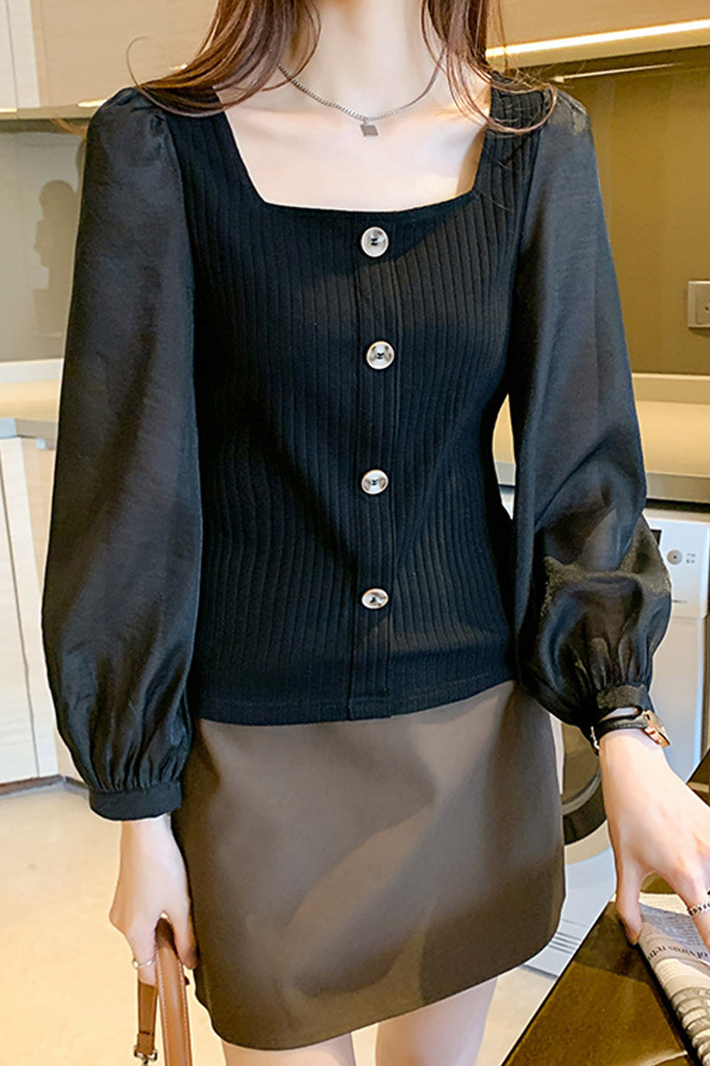 Women Square Neck Button Decorated Long Sleeve Top