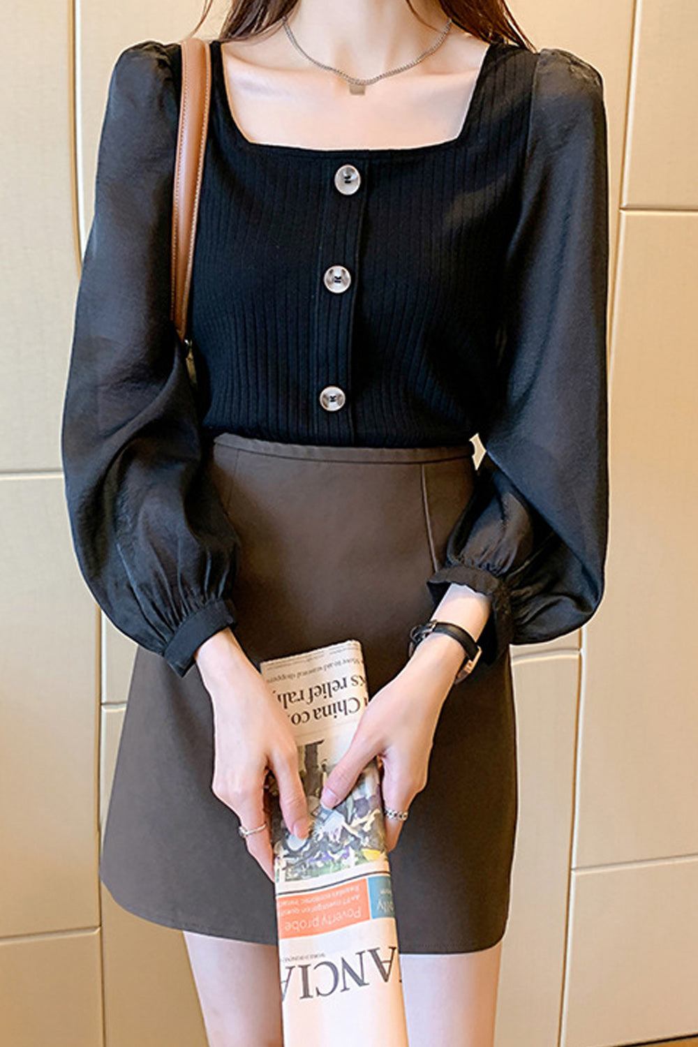 Women Square Neck Button Decorated Long Sleeve Top
