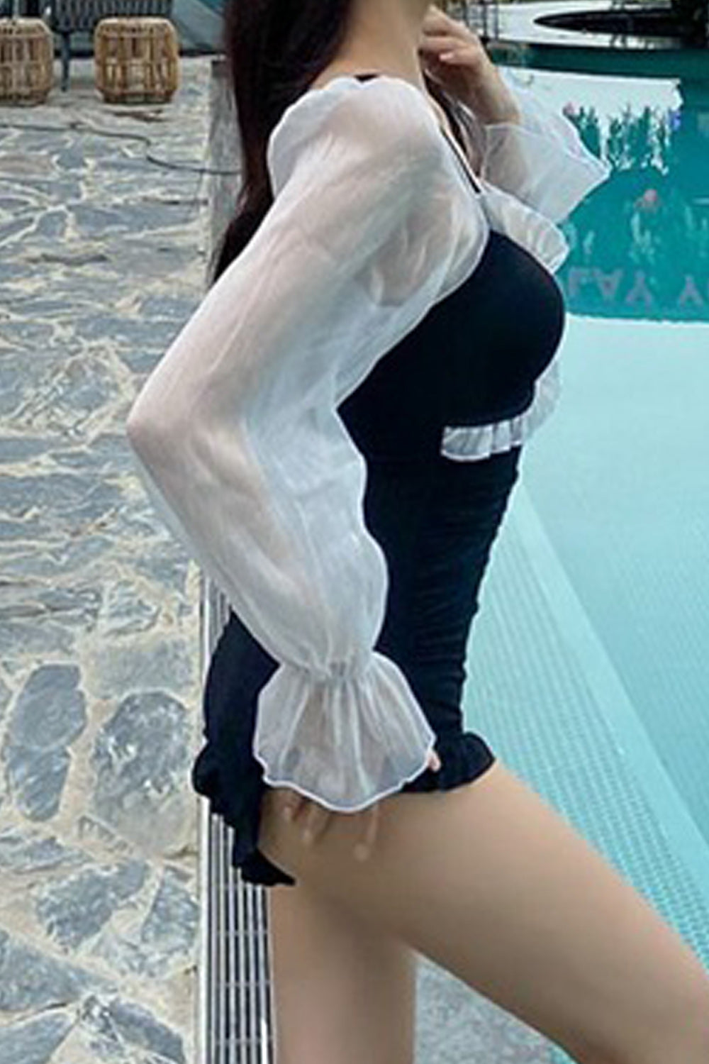 Women Slim Fit Strapped Shoulder Superb Solid Colored See Through Long Sleeve Beach Swimwear
