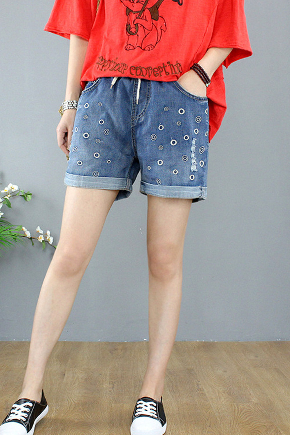 Women High Elasticated Waist Embroidered Style Summer Classy Denim Short
