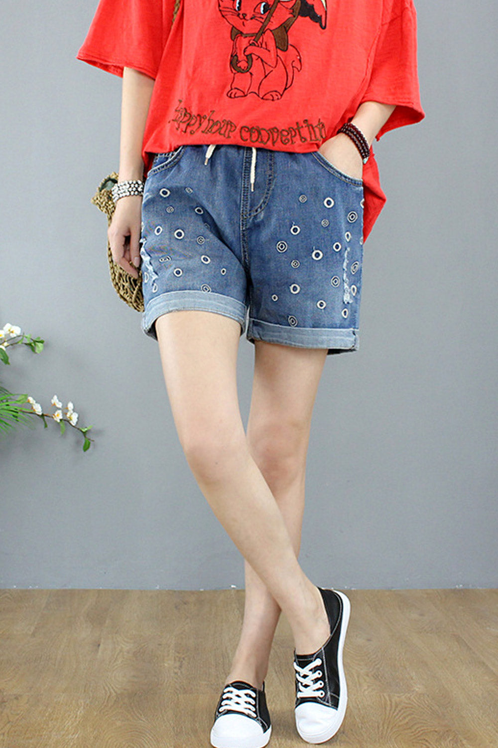 Women High Elasticated Waist Embroidered Style Summer Classy Denim Short
