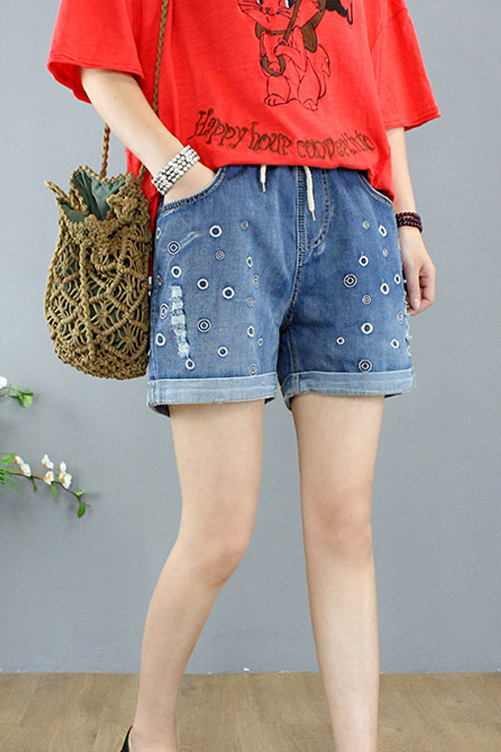 Women High Elasticated Waist Embroidered Style Summer Classy Denim Short