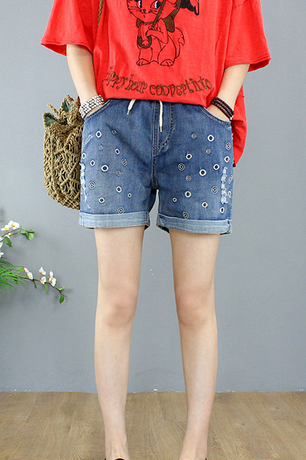 Women High Elasticated Waist Embroidered Style Summer Classy Denim Short