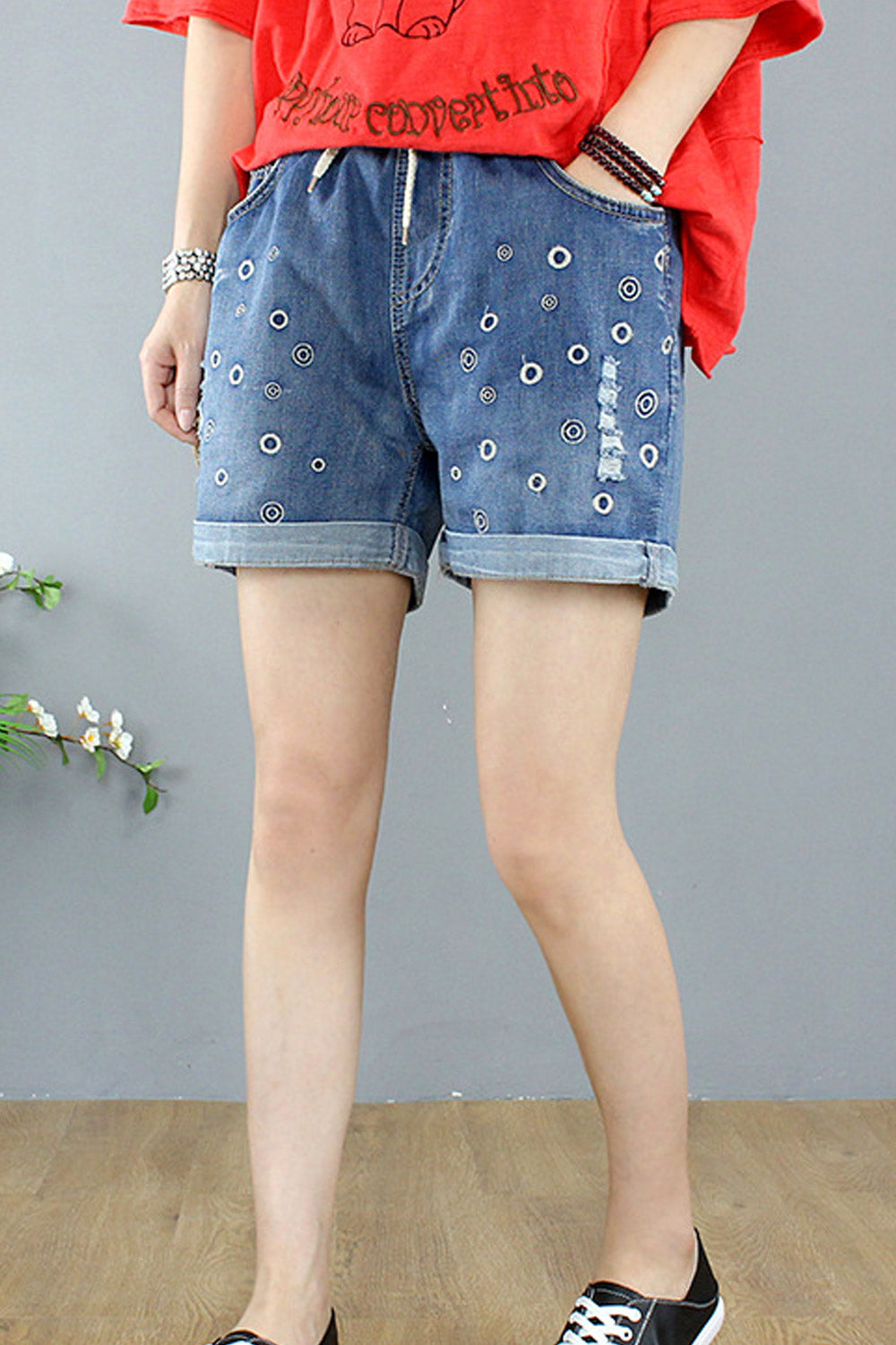 Women High Elasticated Waist Embroidered Style Summer Classy Denim Short