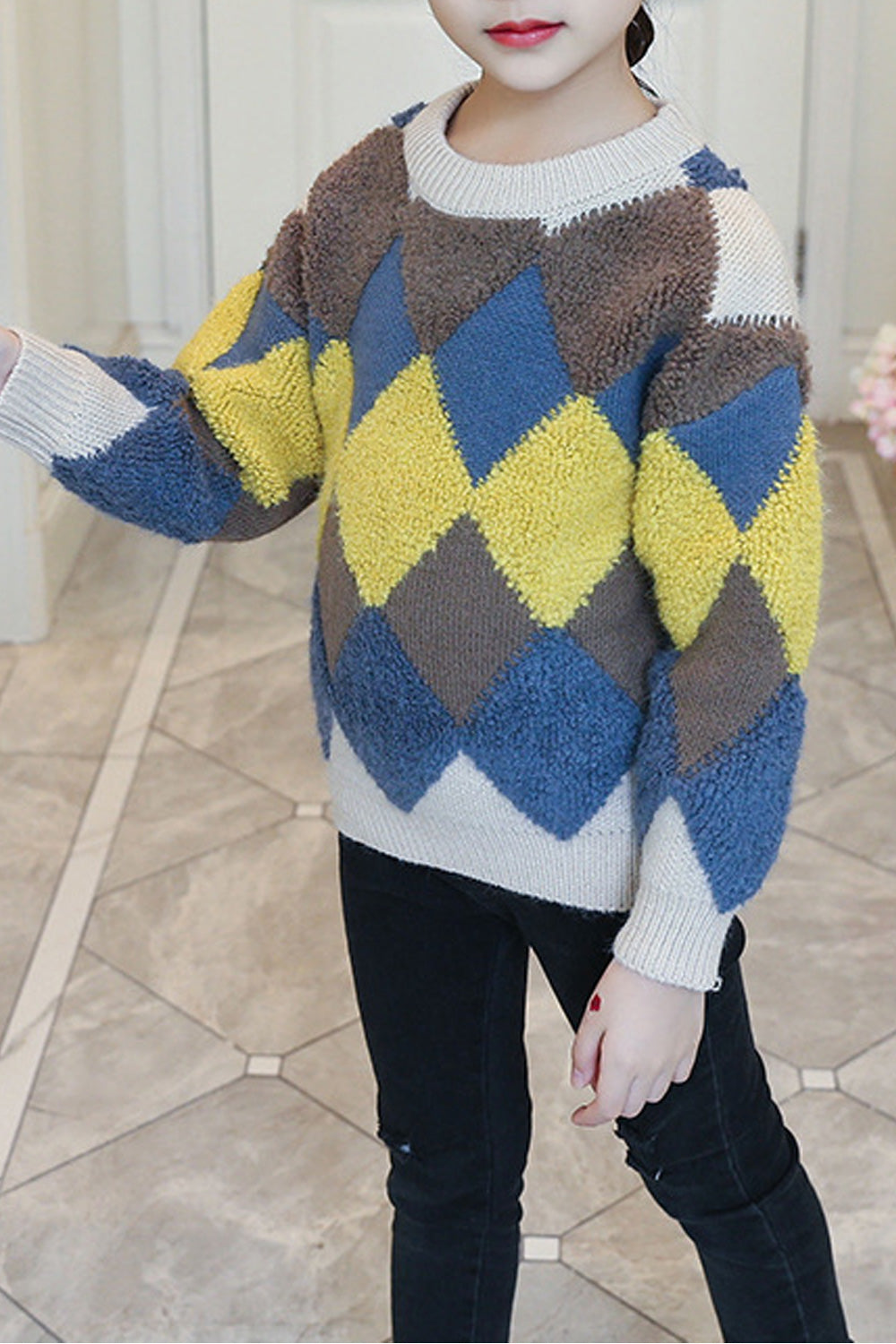 Kids Girls Long Sleeved Geometric Printed Sweater  (C4770)