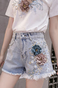 Women Flower Decorated Fringed Styled Hem Side Pockets Beautiful Short