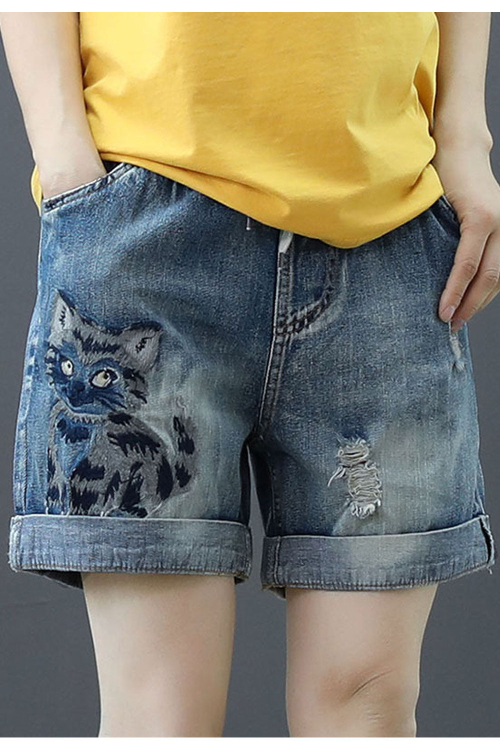Women Style Cat Decorated Drawcord String Summer Short