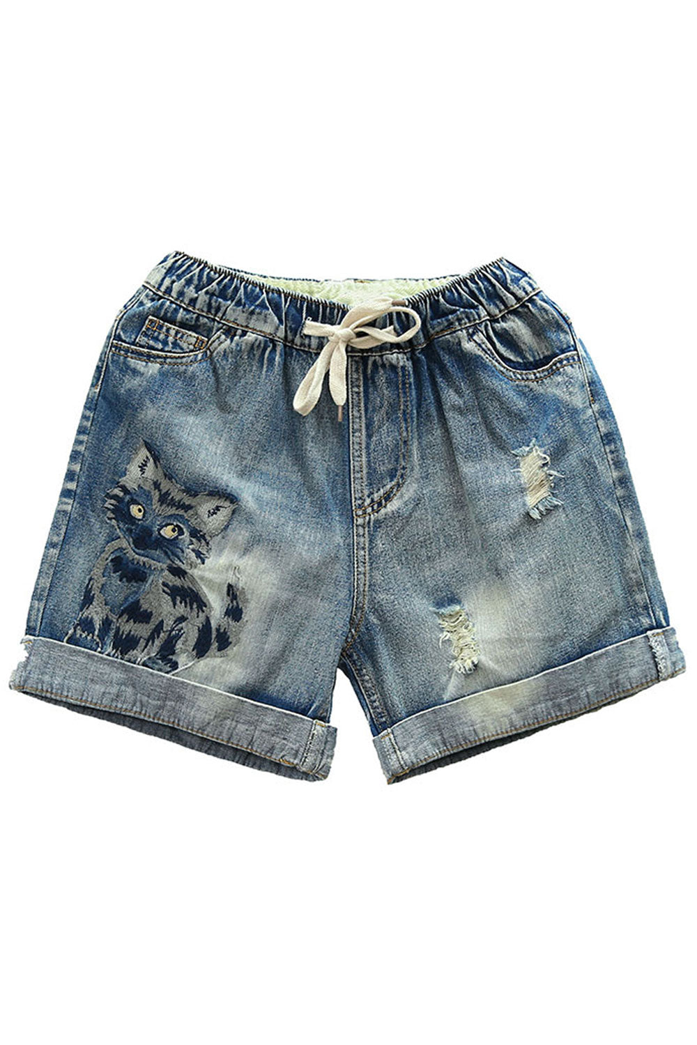 Women Style Cat Decorated Drawcord String Summer Short