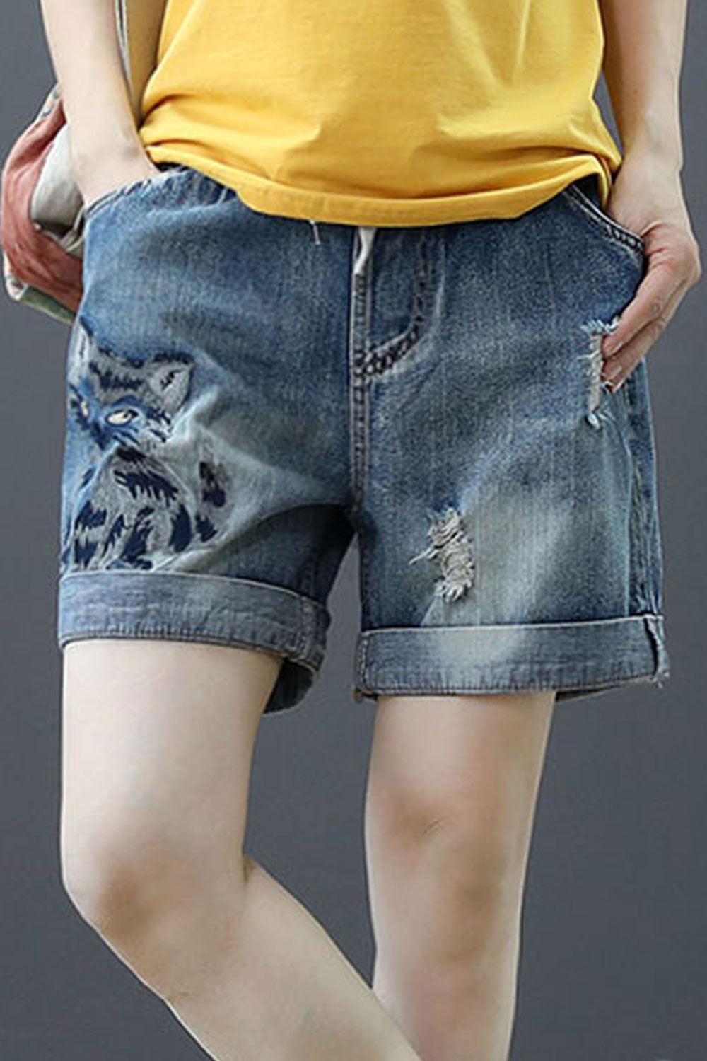 Women Style Cat Decorated Drawcord String Summer Short