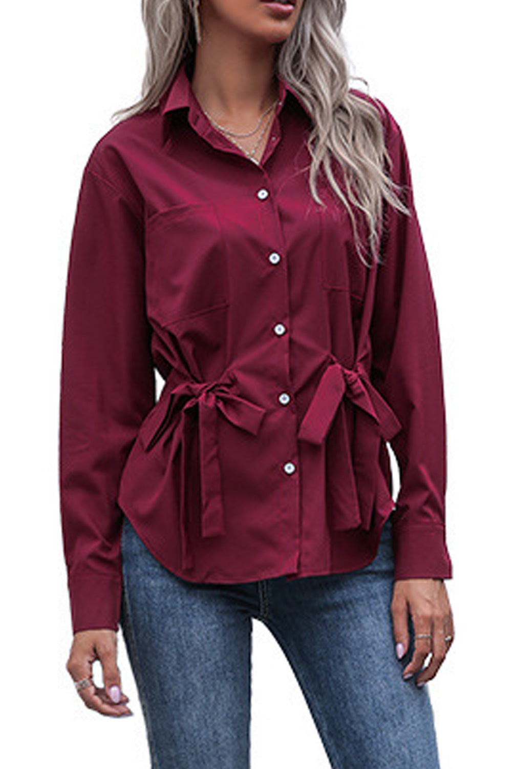 Women Long Sleeve Soft Solid Pattern Button Closure Pretty Summer Shirt