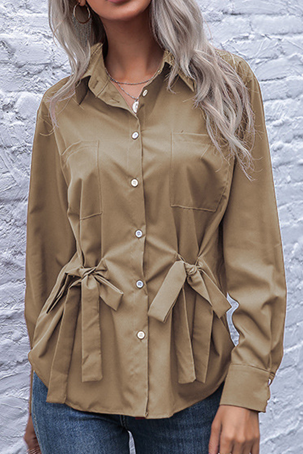 Women Long Sleeve Soft Solid Pattern Button Closure Pretty Summer Shirt