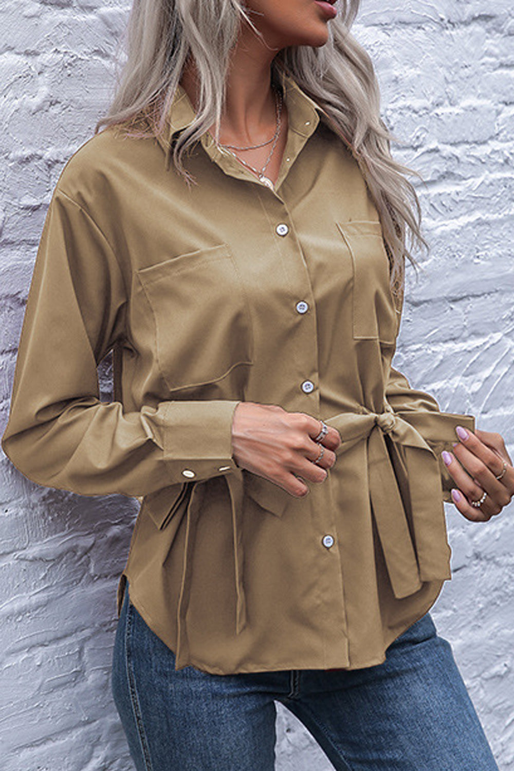 Women Long Sleeve Soft Solid Pattern Button Closure Pretty Summer Shirt