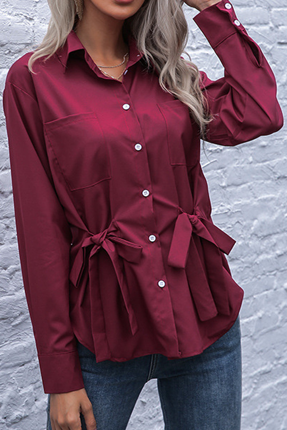 Women Long Sleeve Soft Solid Pattern Button Closure Pretty Summer Shirt