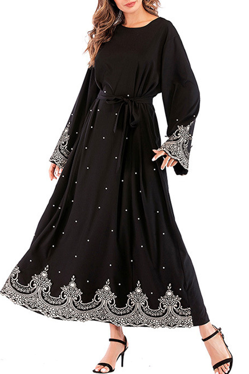 Women Round Neck Bell Sleeved Embroided Dress