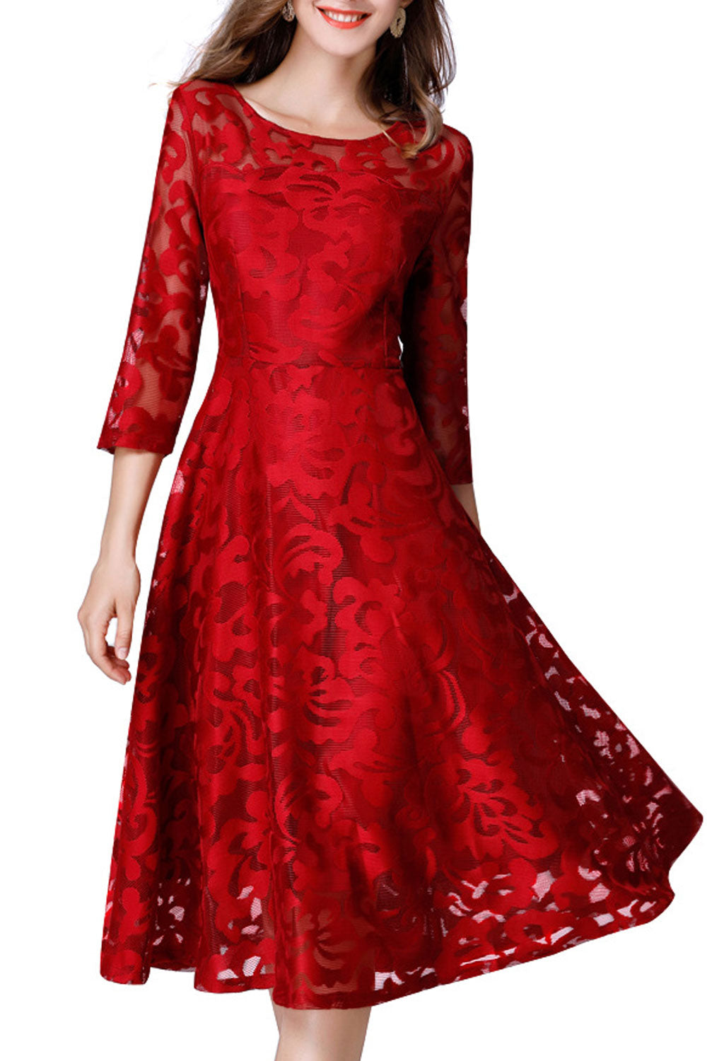 Women Round Neck Slim Waist Fashion Dress