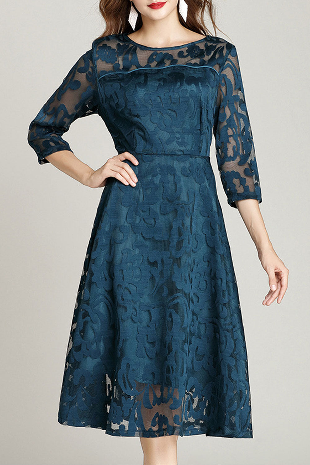 Women Round Neck Slim Waist Fashion Dress