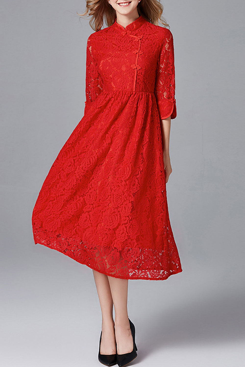 Women Lace High Neck Pleated Dress