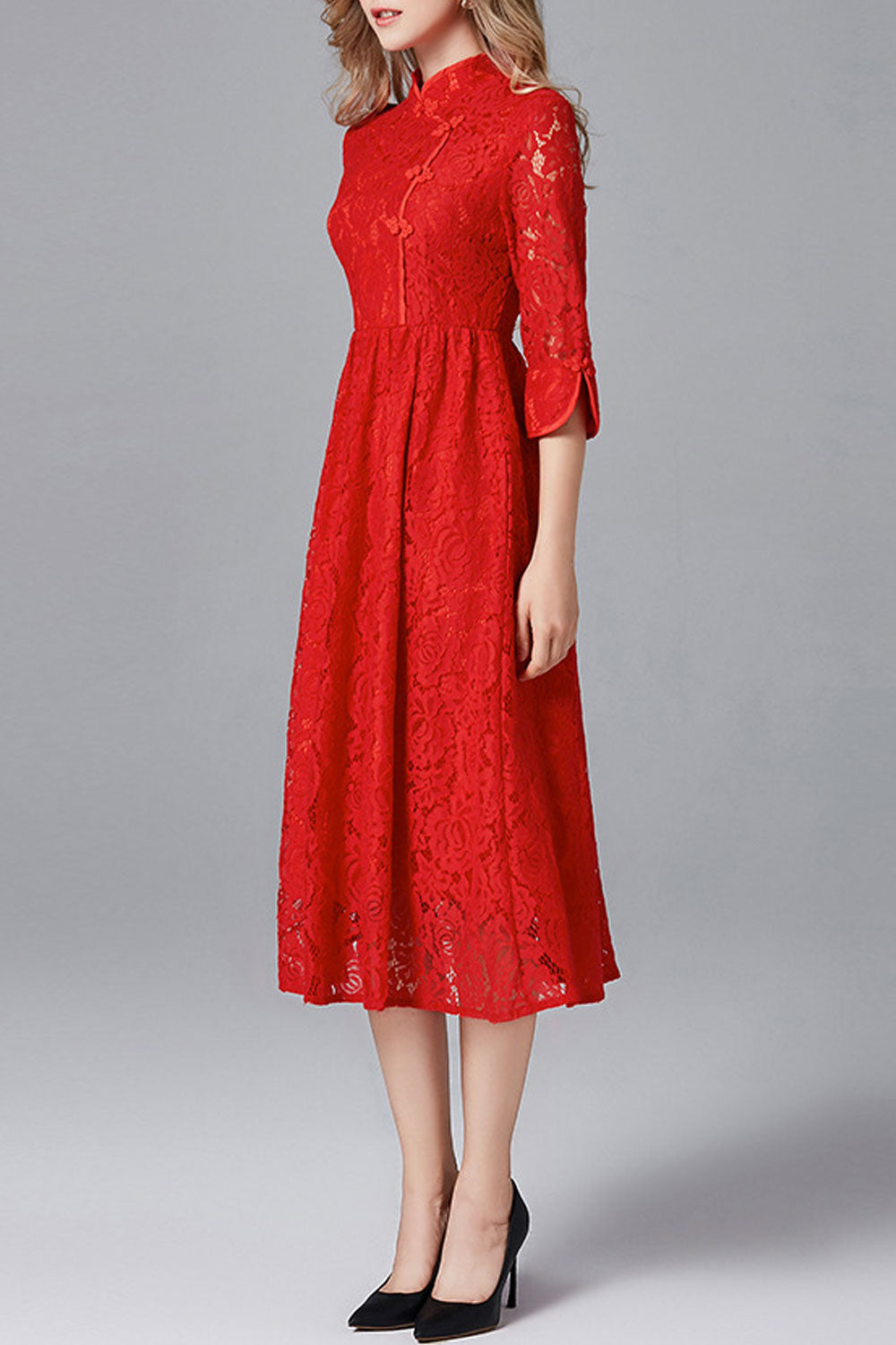 Women Lace High Neck Pleated Dress