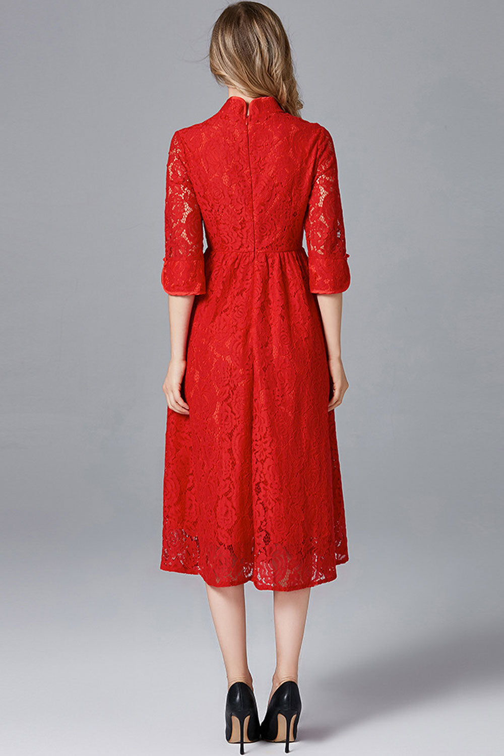 Women Lace High Neck Pleated Dress