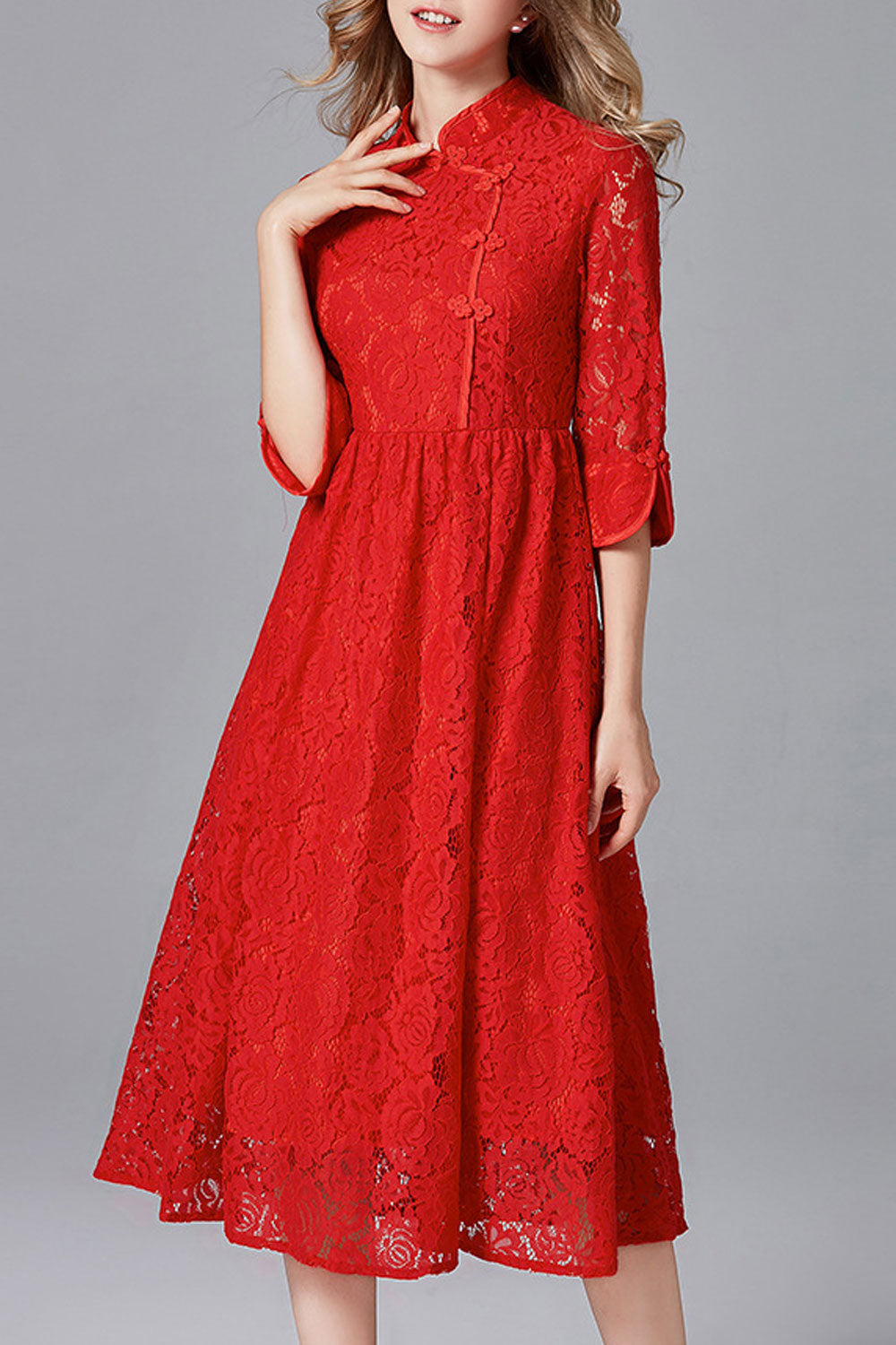 Women Lace High Neck Pleated Dress