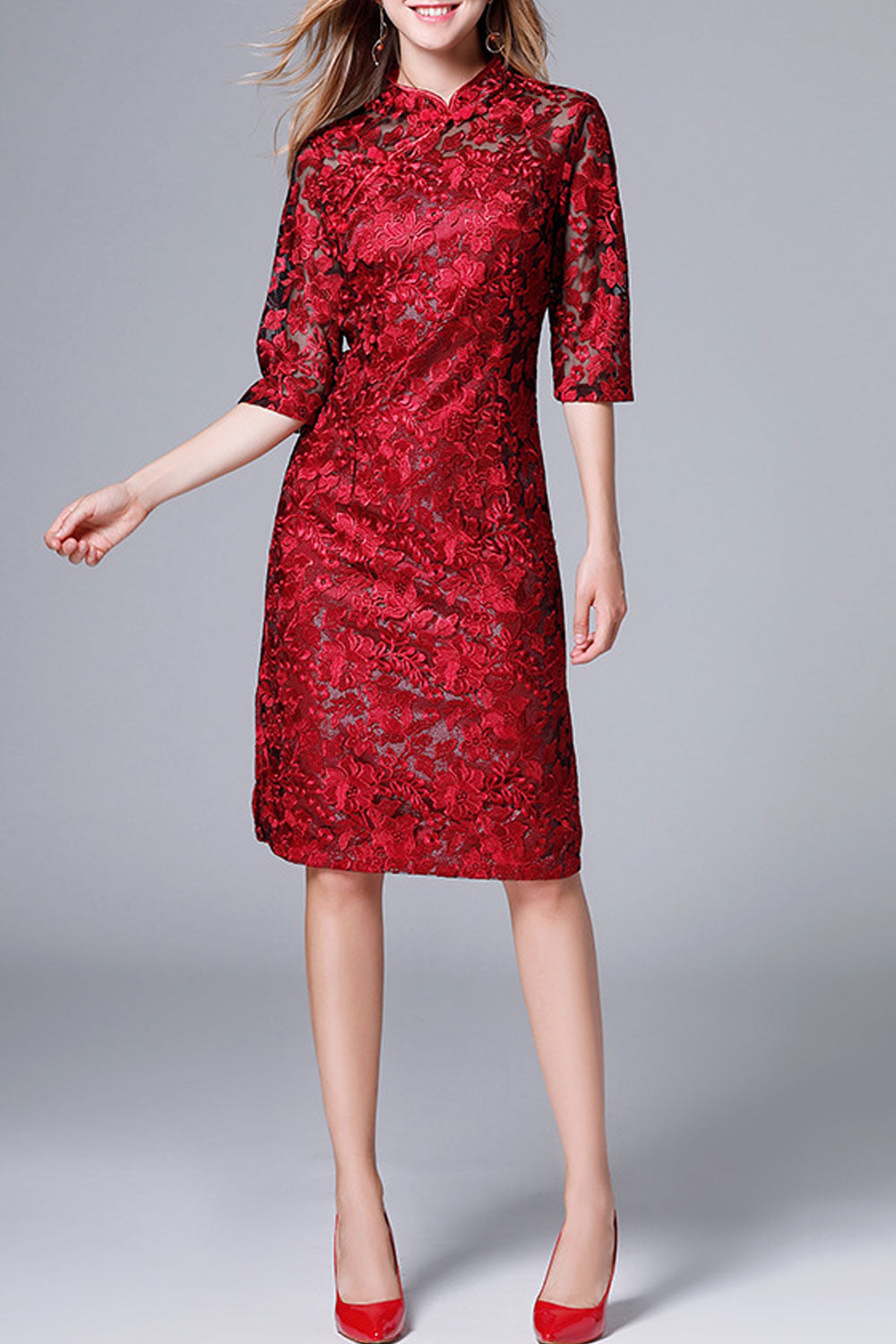 Women Lace 3/4 Sleeve Decorated Wedding Dress