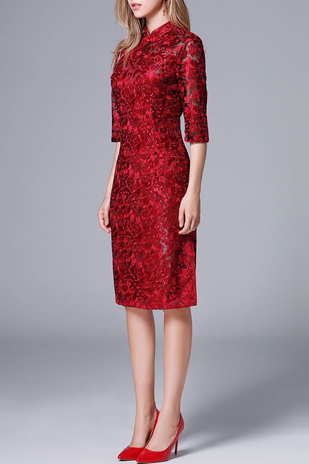 Women Lace 3/4 Sleeve Decorated Wedding Dress