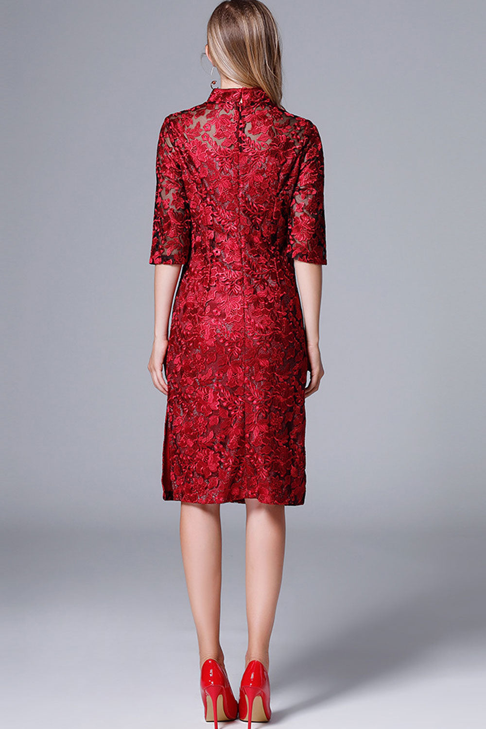 Women Lace 3/4 Sleeve Decorated Wedding Dress