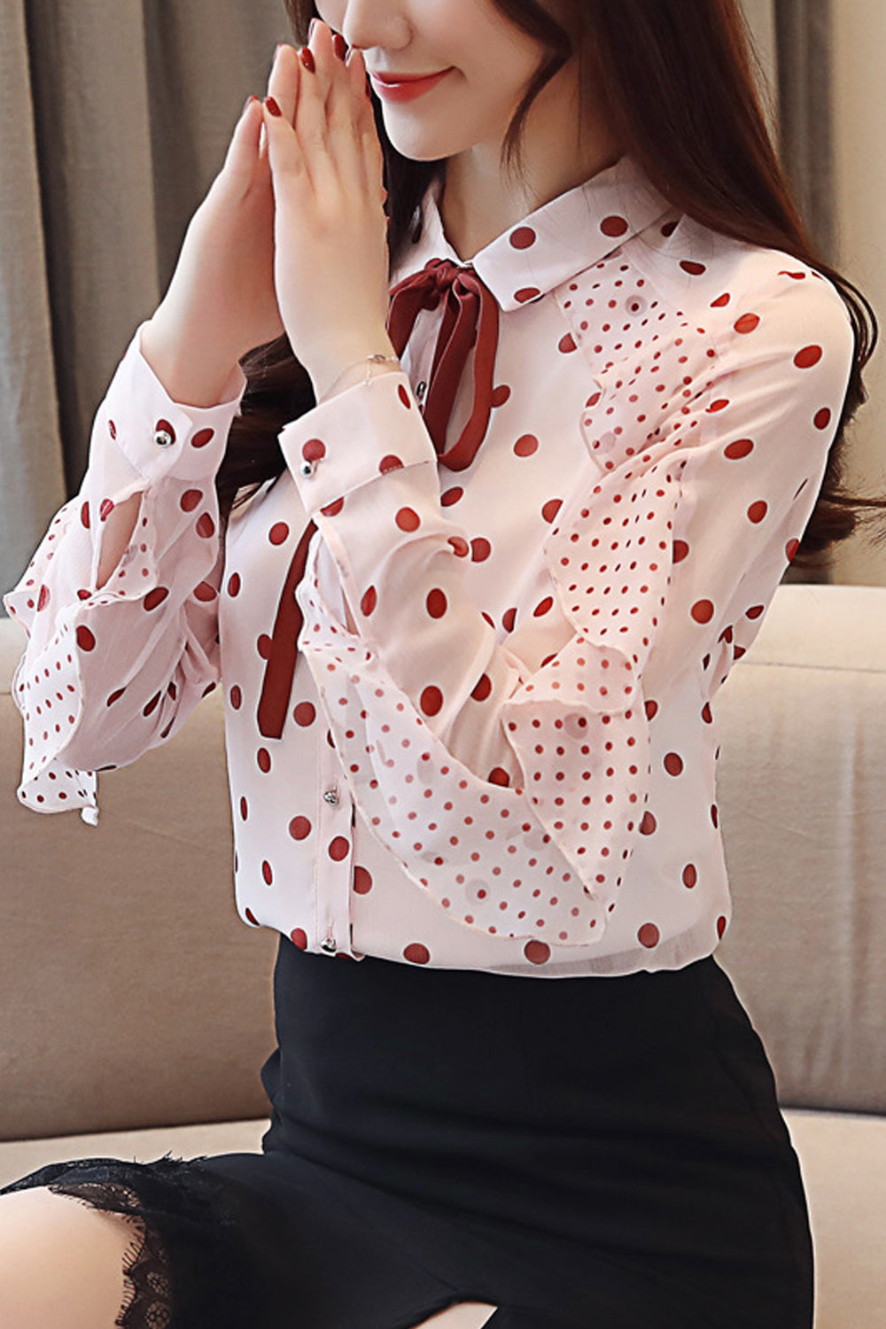 Women Polka Dot Long Sleeved Chiffon Shirt