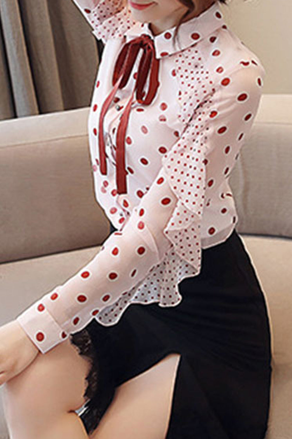 Women Polka Dot Long Sleeved Chiffon Shirt