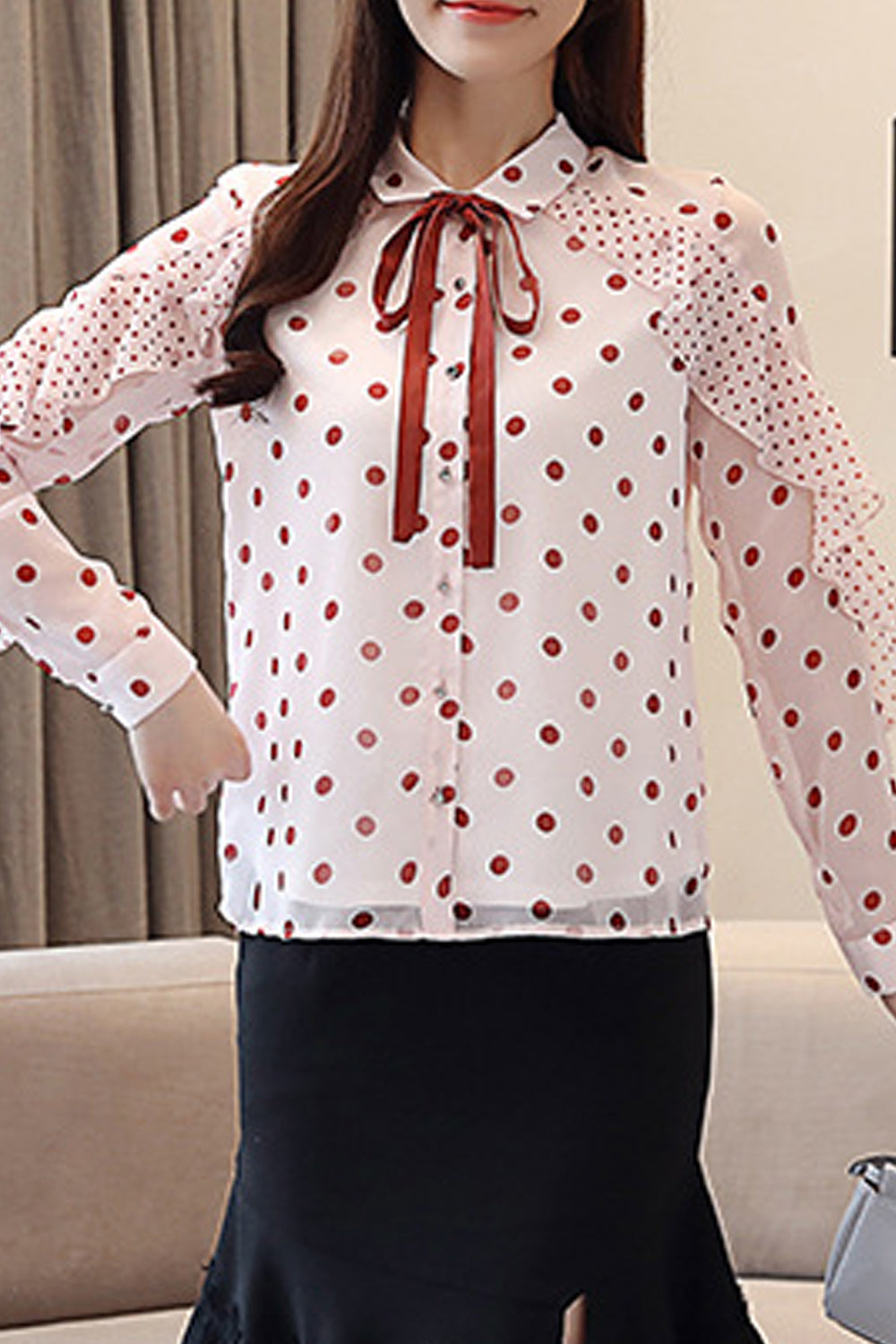 Women Polka Dot Long Sleeved Chiffon Shirt