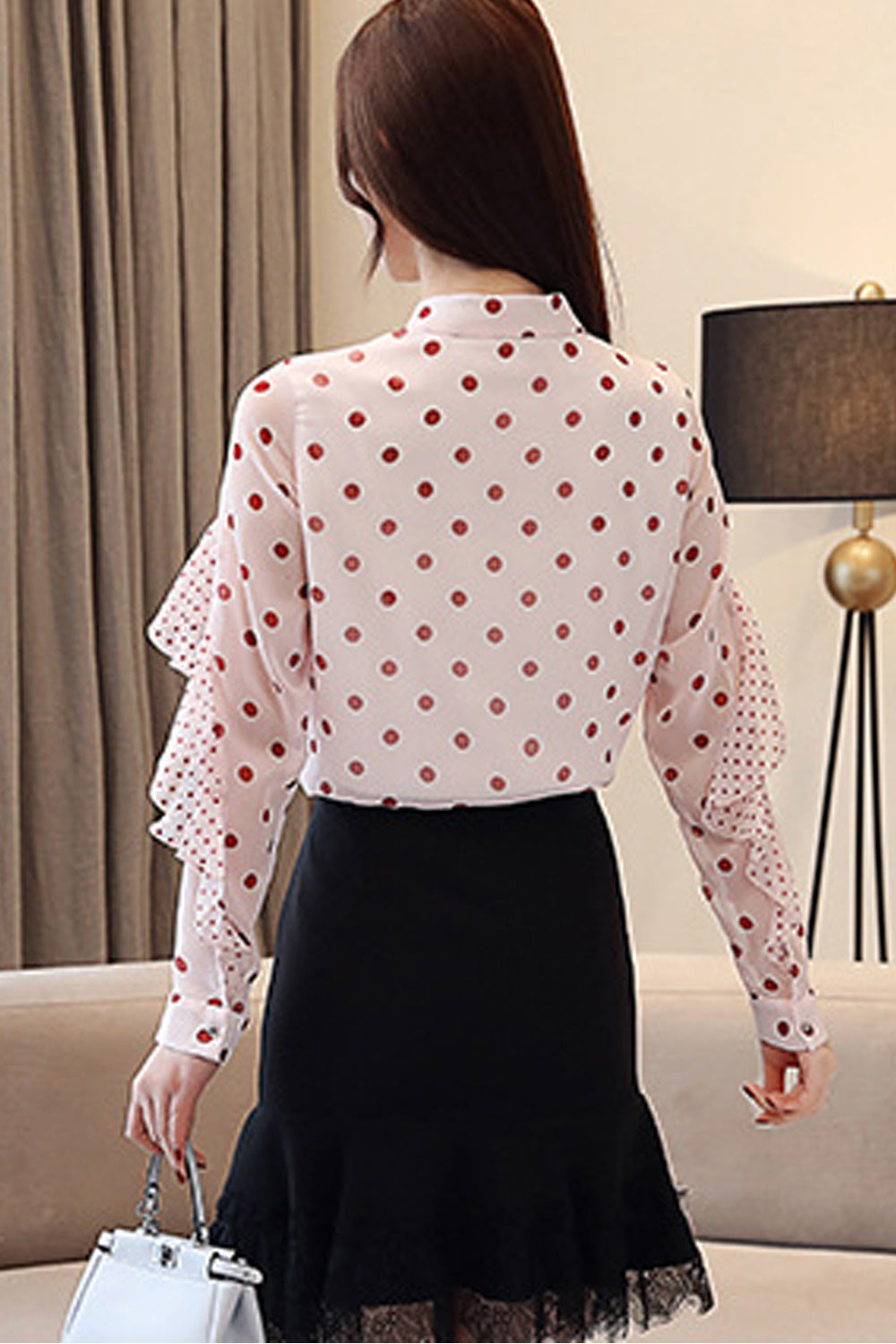 Women Polka Dot Long Sleeved Chiffon Shirt