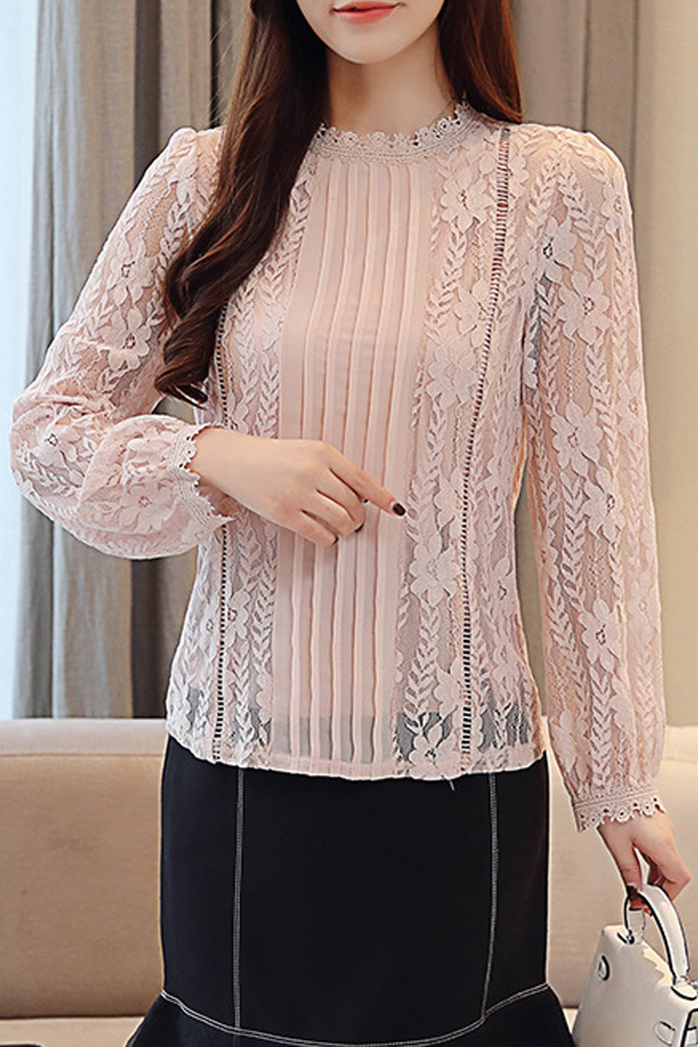 Women Lace Long Sleeve Chiffon Shirt