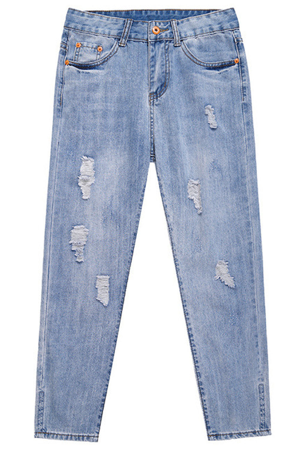 Women Casual Shredded Style Zipper Closure Jeans