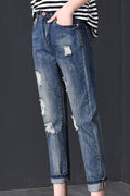 Women Casual Shredded Style Zipper Closure Jeans