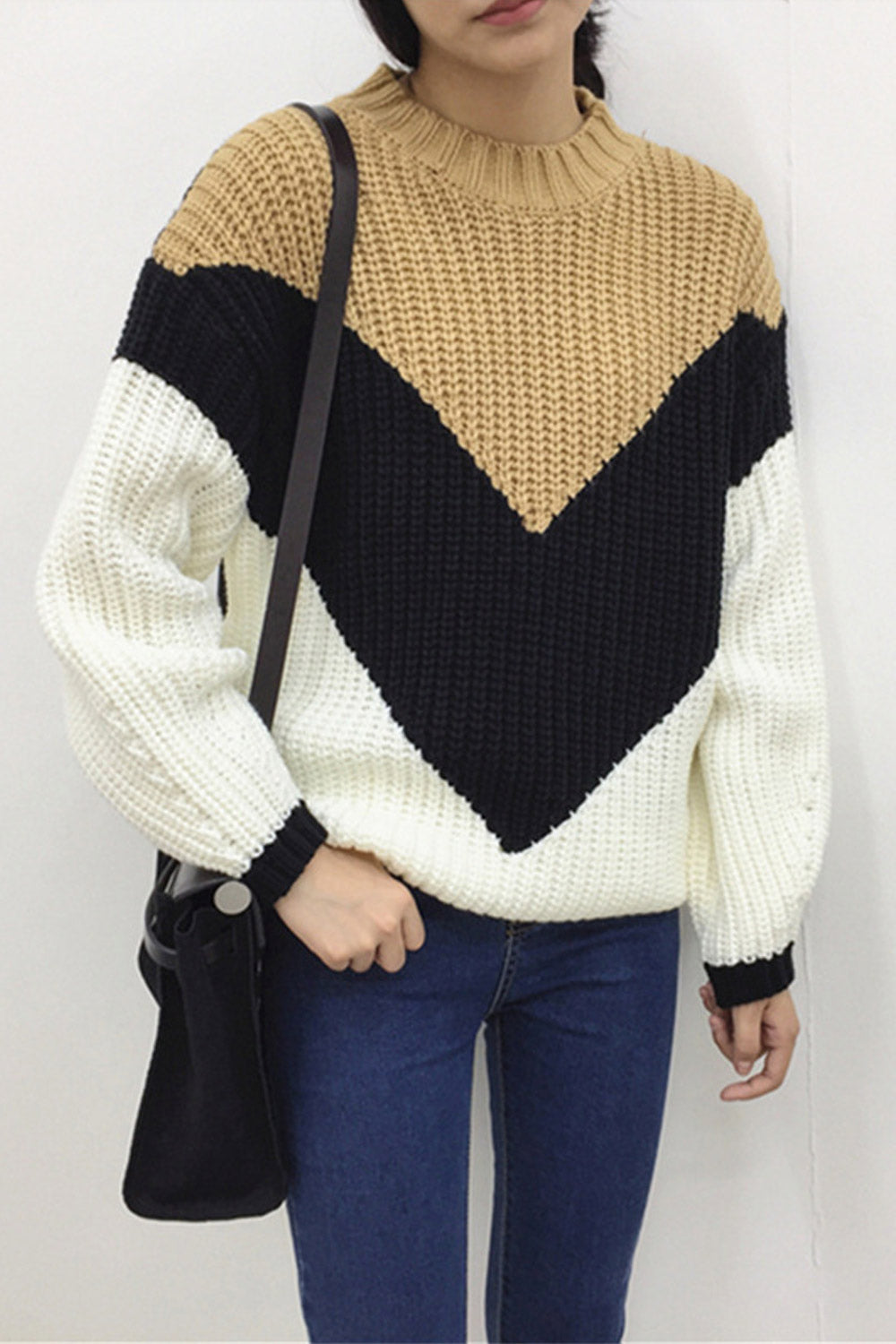 Women Contrast High Neck Stylish Winter Sweater