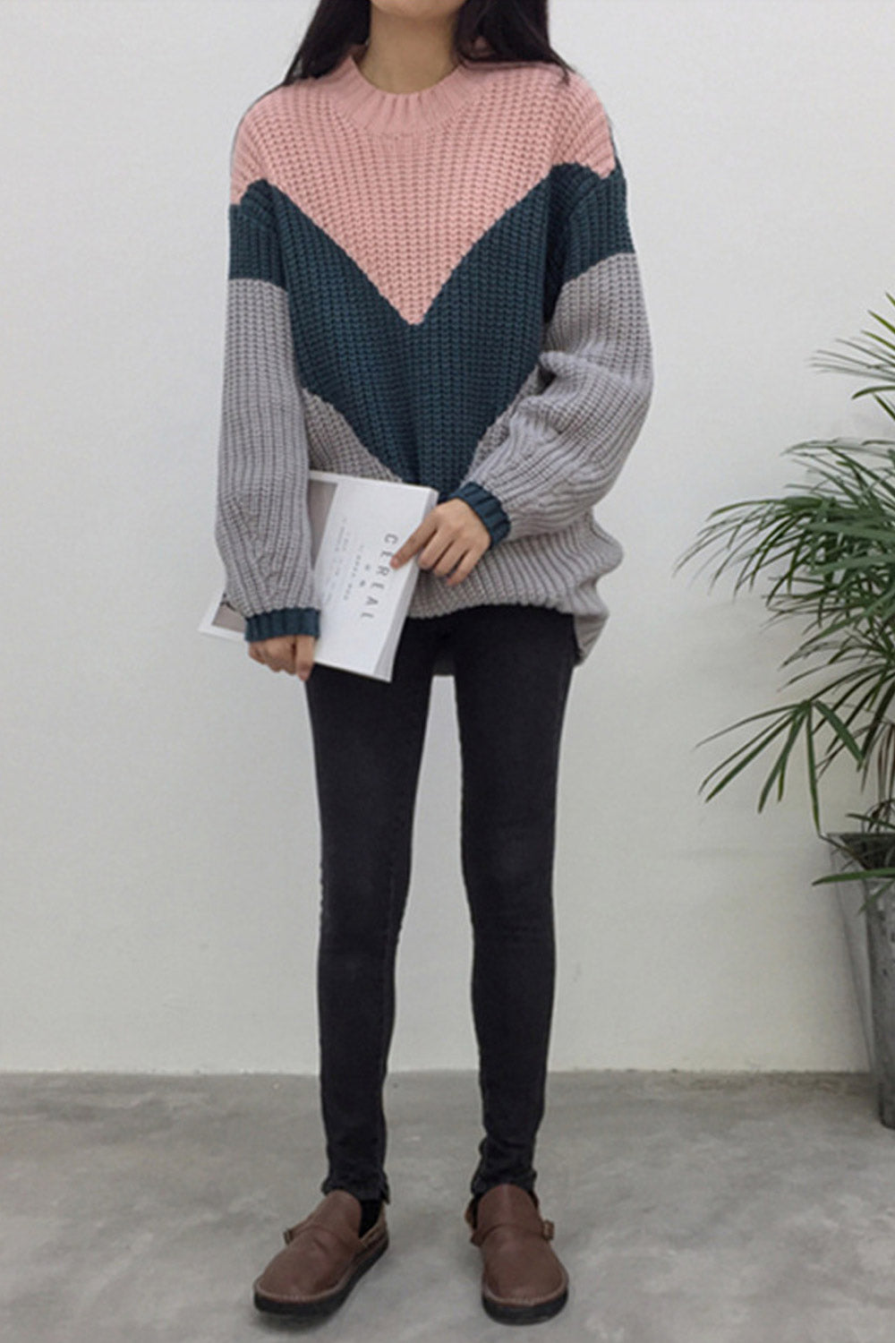 Women Contrast High Neck Stylish Winter Sweater