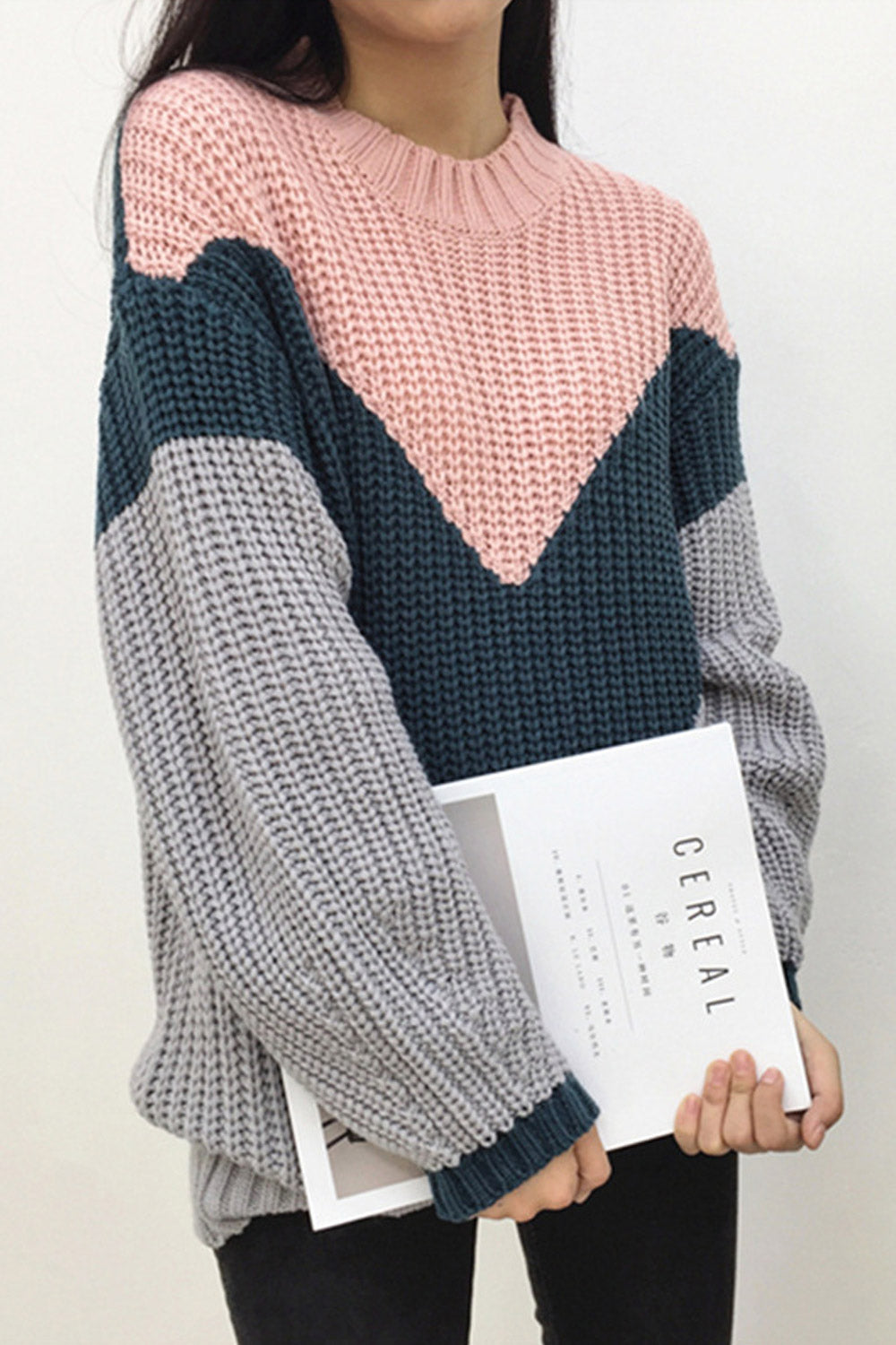Women Contrast High Neck Stylish Winter Sweater