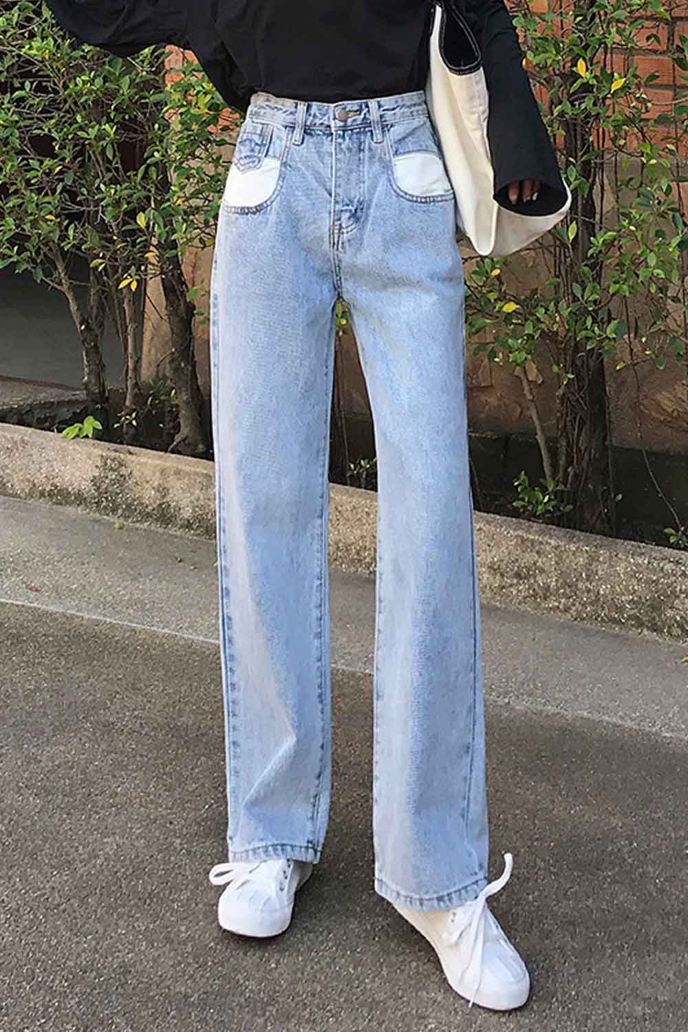 Women Belt Loops Solid Colored High Waist Modern Denim Jeans