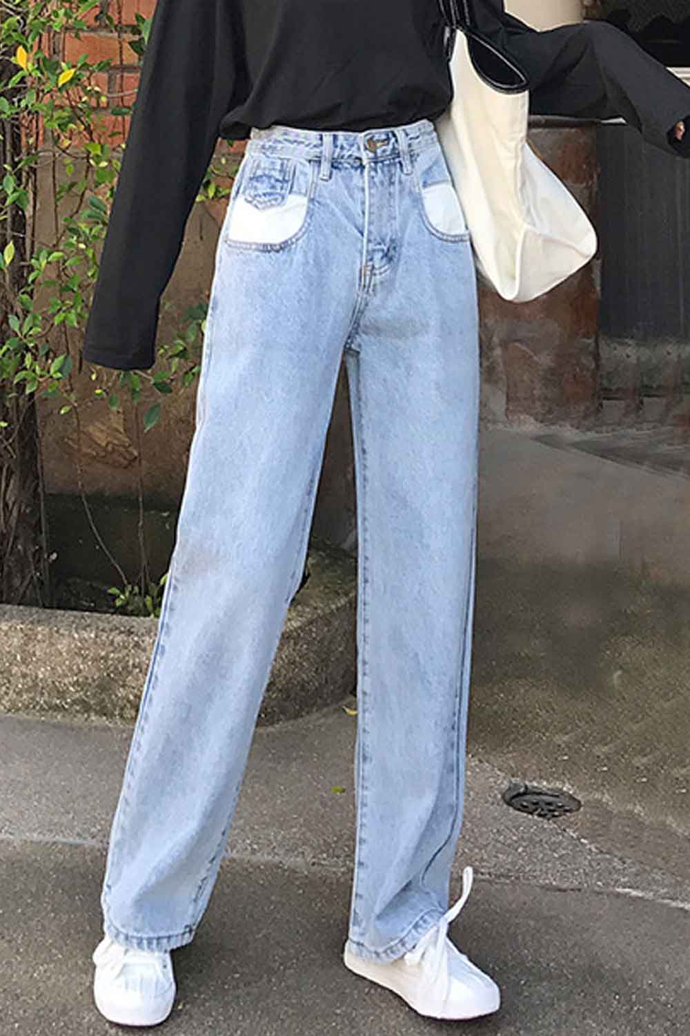 Women Belt Loops Solid Colored High Waist Modern Denim Jeans