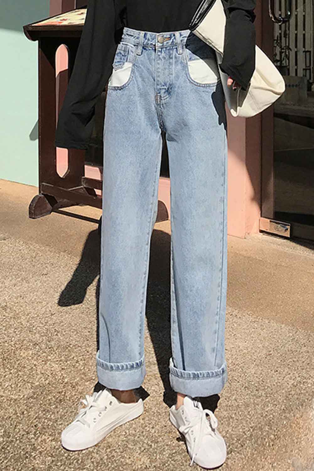 Women Belt Loops Solid Colored High Waist Modern Denim Jeans