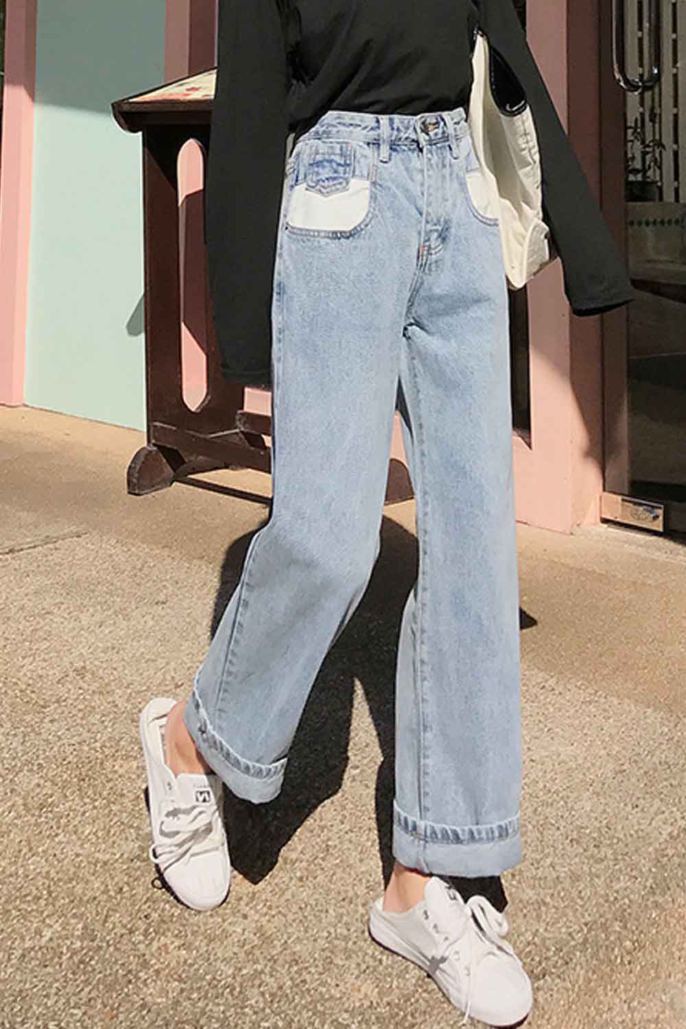 Women Belt Loops Solid Colored High Waist Modern Denim Jeans