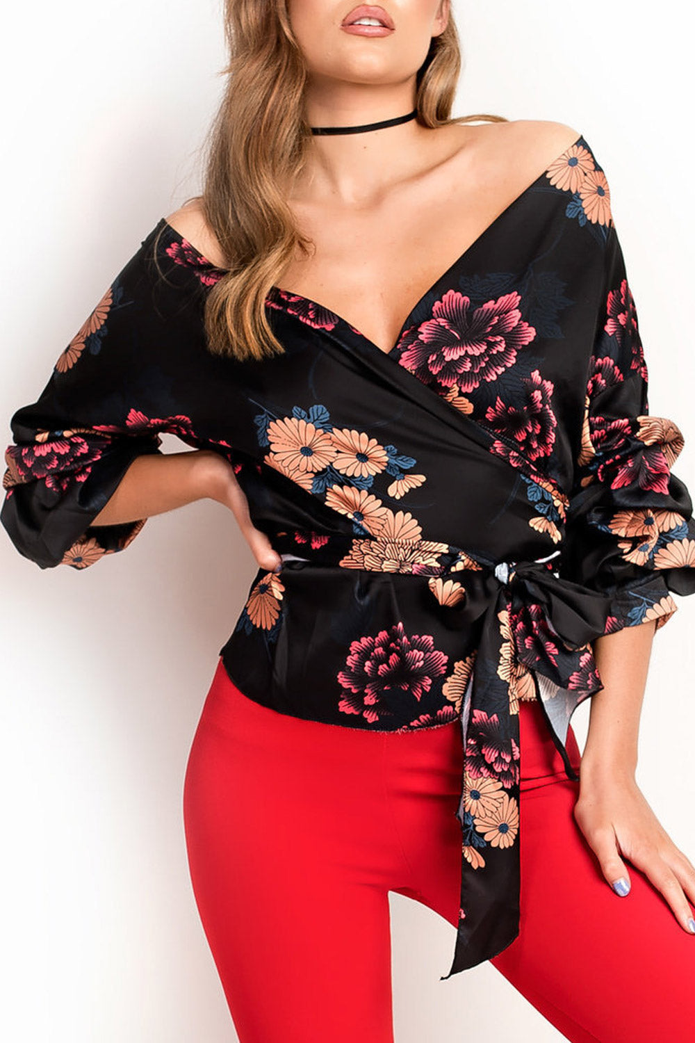 Women Printed Tie Belt Long Sleeved Top
