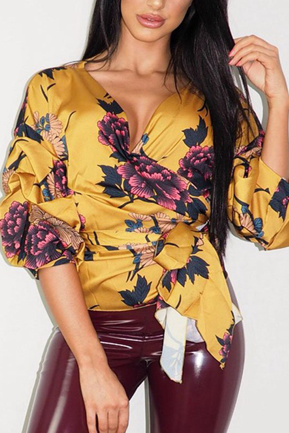 Women Printed Tie Belt Long Sleeved Top